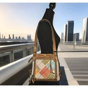 Fossil Patchwork Handbag Bag Leather Canvas Multicolor 10.5x10